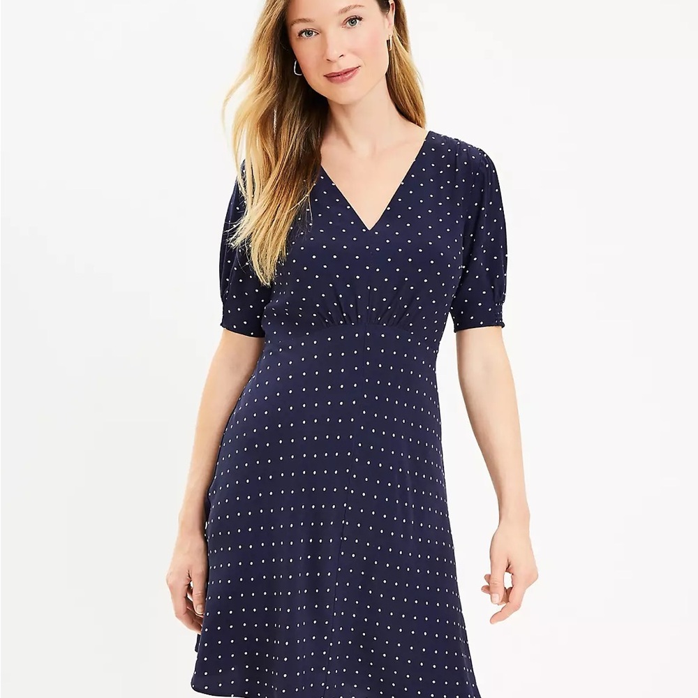 LOFT Blue Ruched Ruffled Midi Sundress